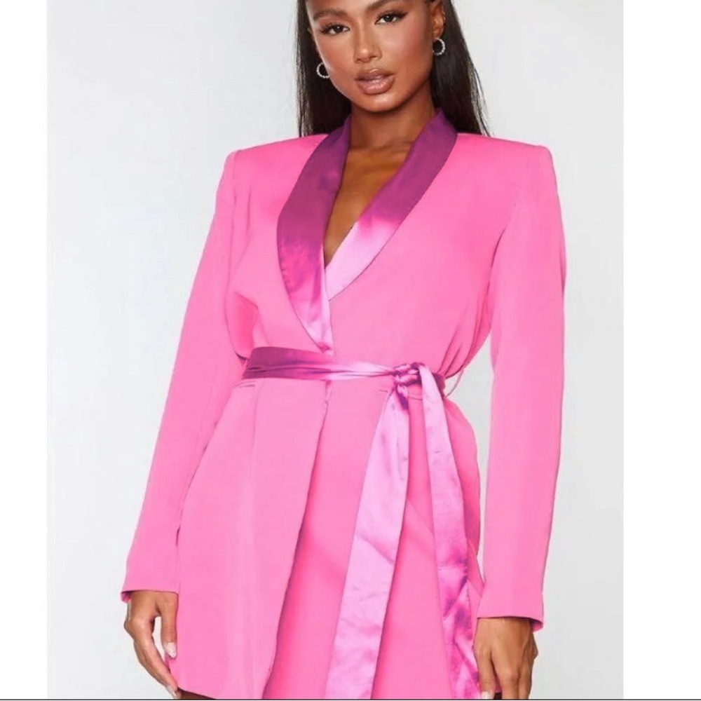 Pretty little thing Pink satin Lepel Tie waist blazer dress